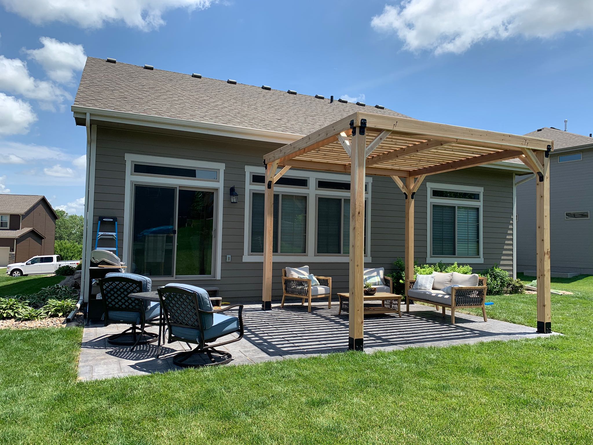 Outdoor seating area under pergola