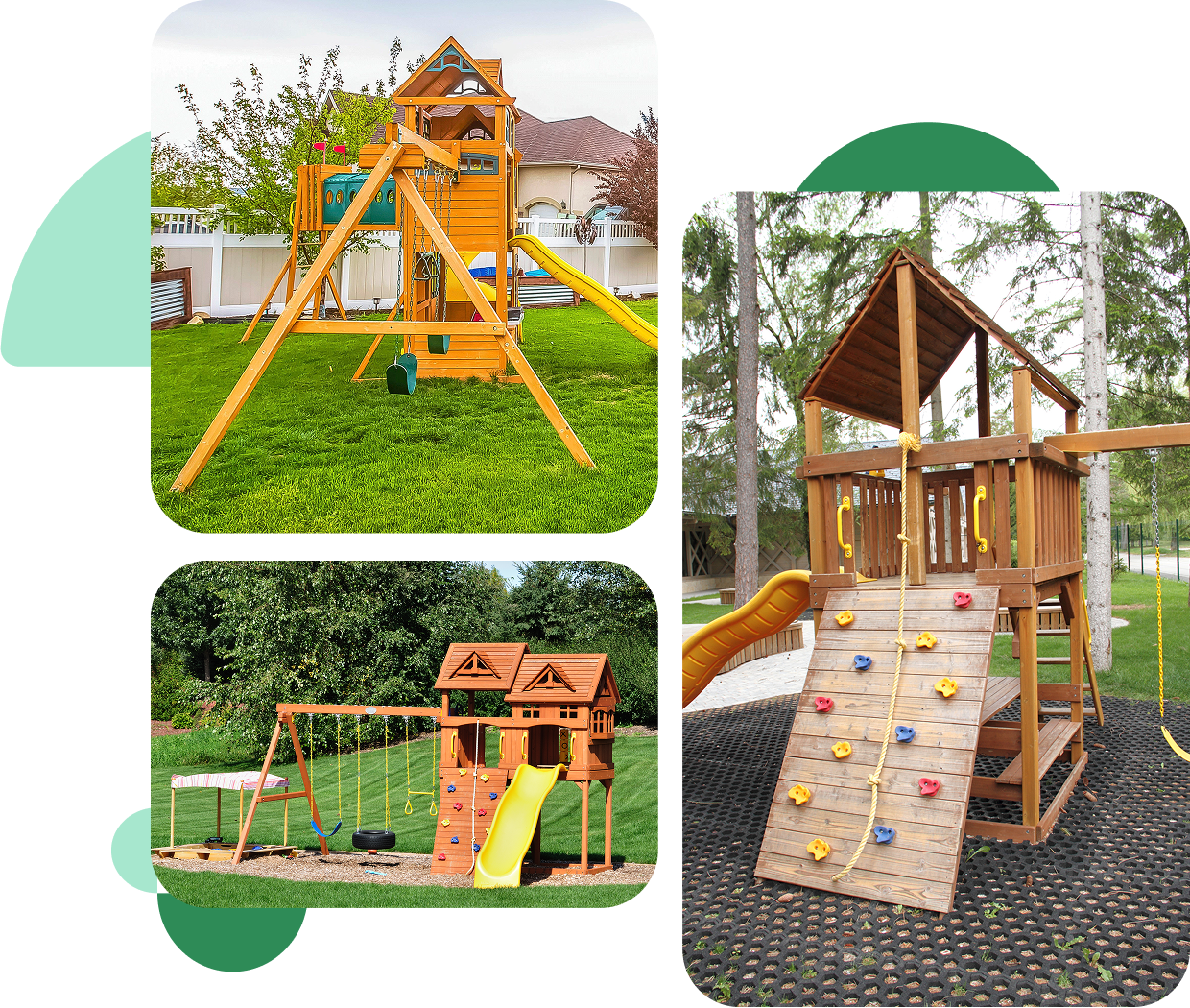 Wooden backyard playset with slide and swings