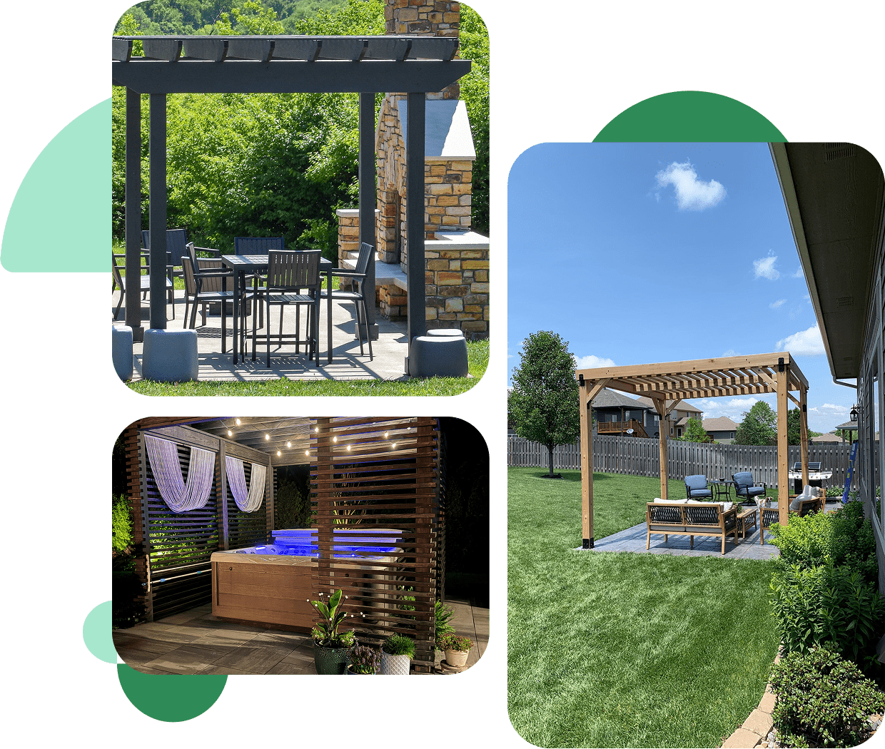 Collage of backyard pergolas and patio seating