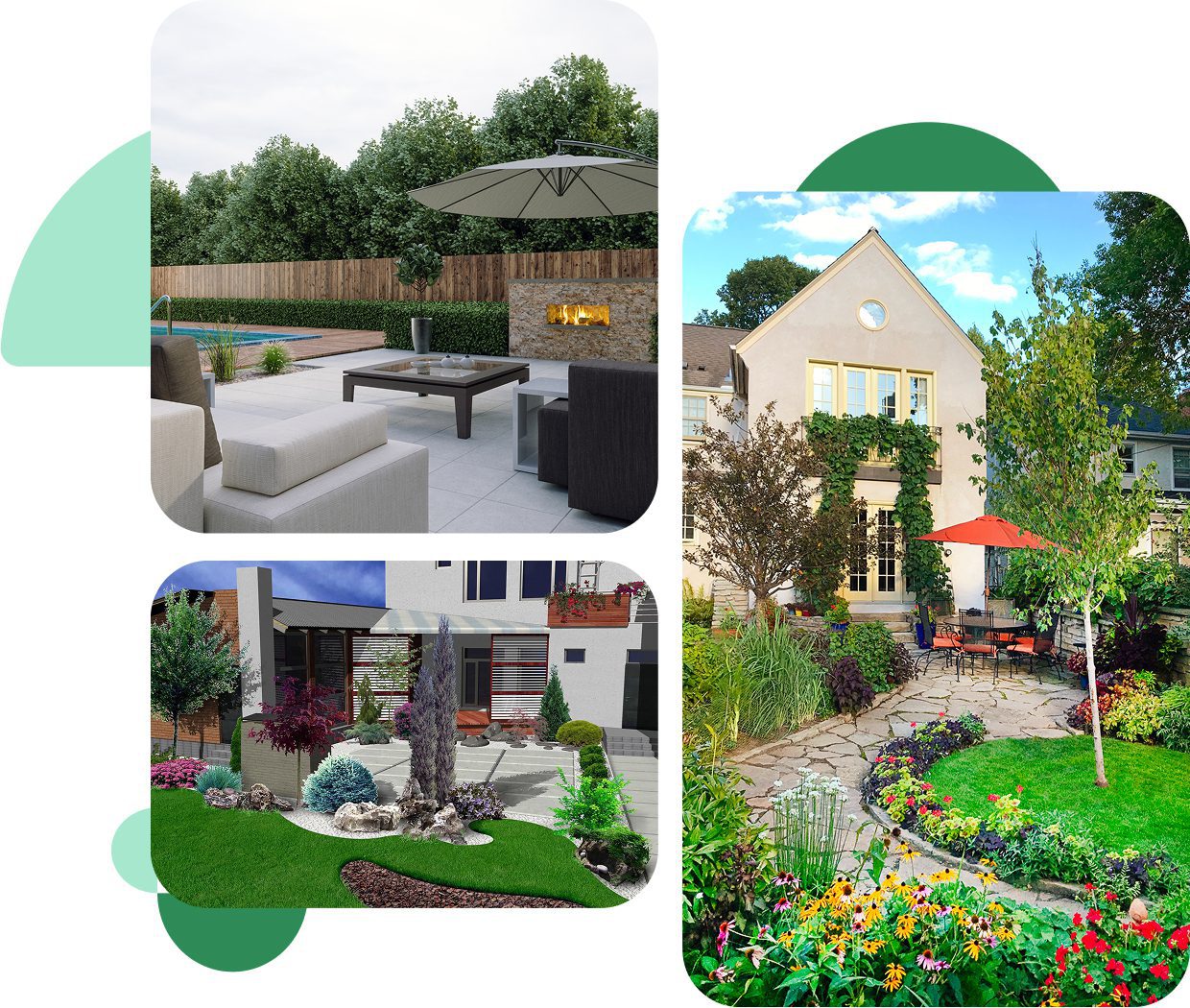 Collage of landscaped gardens and outdoor patios